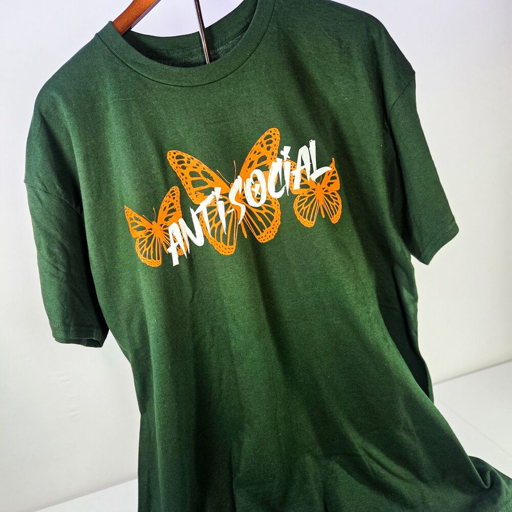 Fashion Nova Anti-Social Butterfly Graphic T-Shirt Green Front Back Print Sz XL